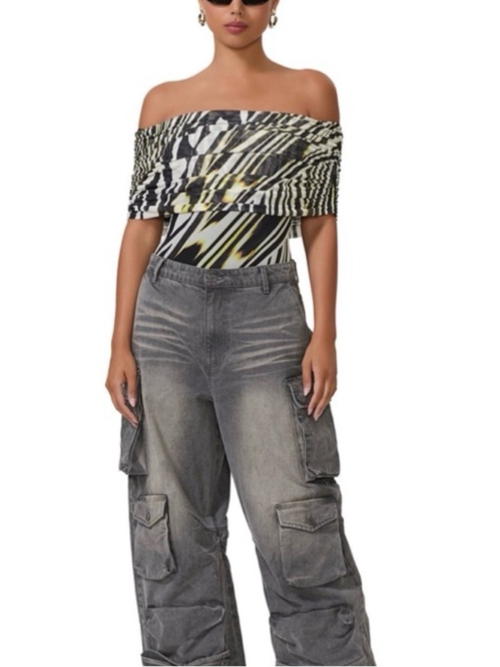 AFRM  zebra and pop of lime off the shoulder body suit NWT M